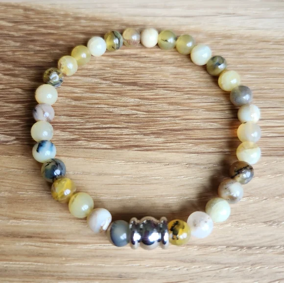 SOLD Yellow Dendritic Opal Gemstone Beads Bracelet - Picture 5 of 9